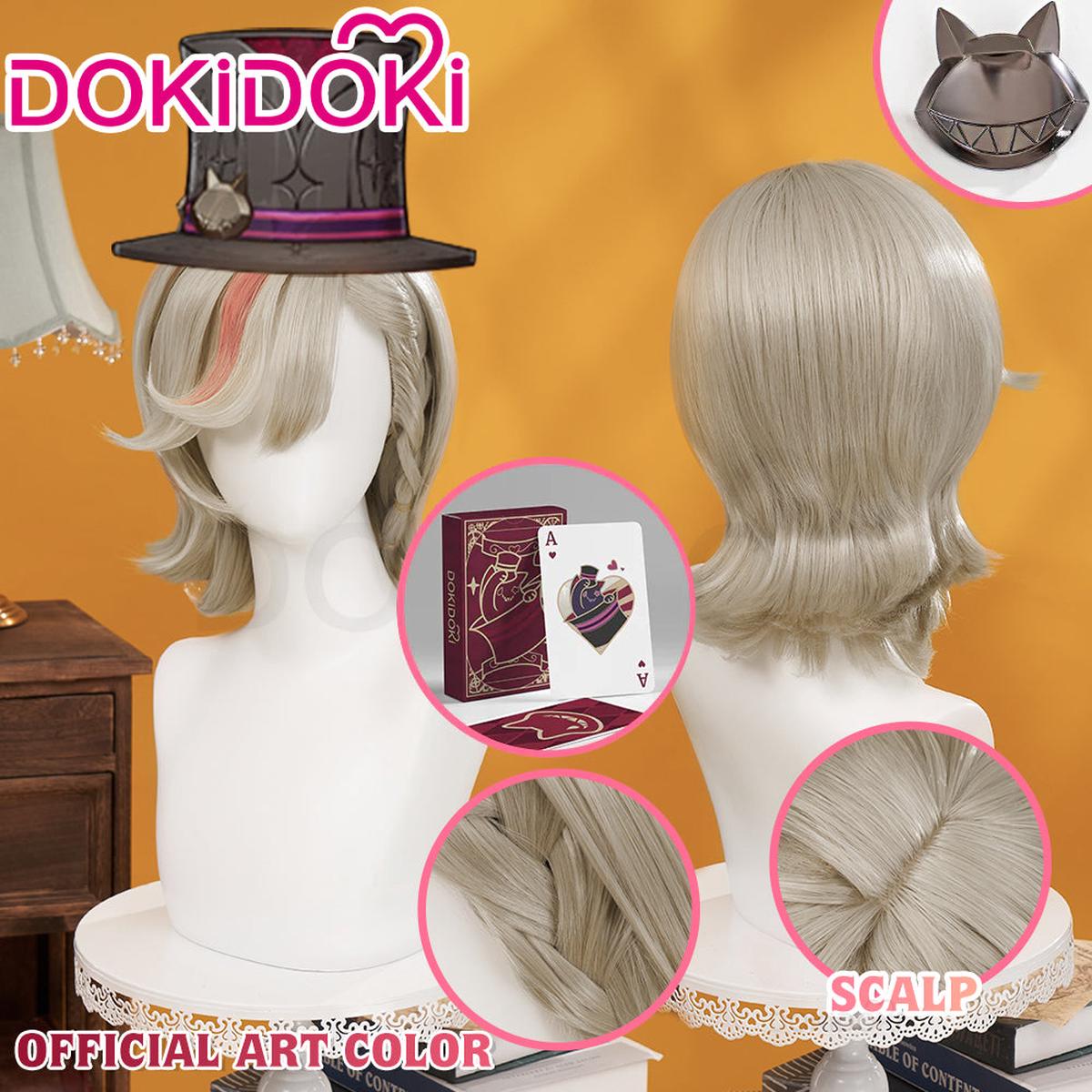 Partially Ready For ShipDokiDoki Game Genshin Impact Cosplay Fontaine Lyney Wig Short Silver Red Highlight Wefts Tattoo Sticker