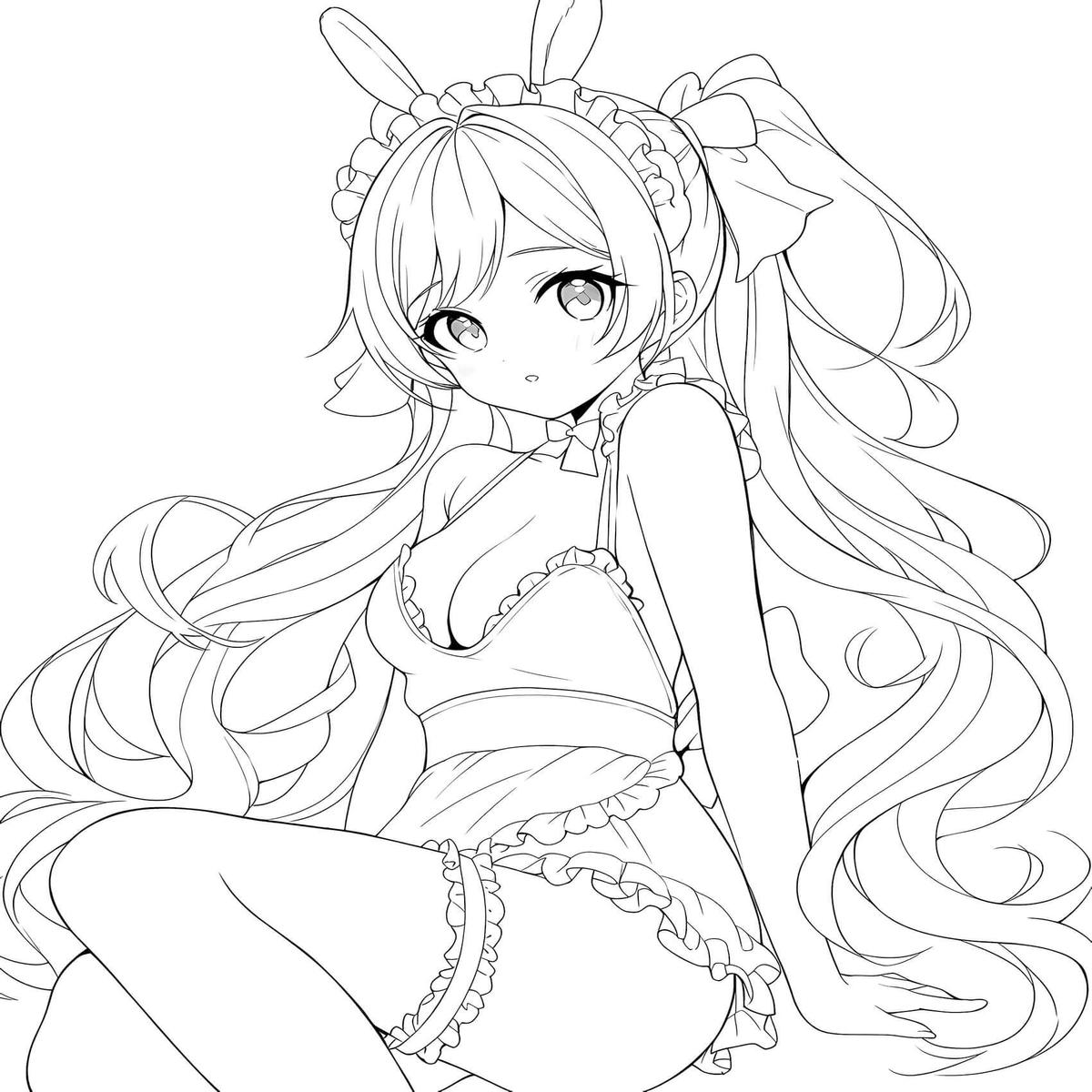 Alluring Anime Bunny Girl Waifu Coloring Page Seated Lingerie Pose