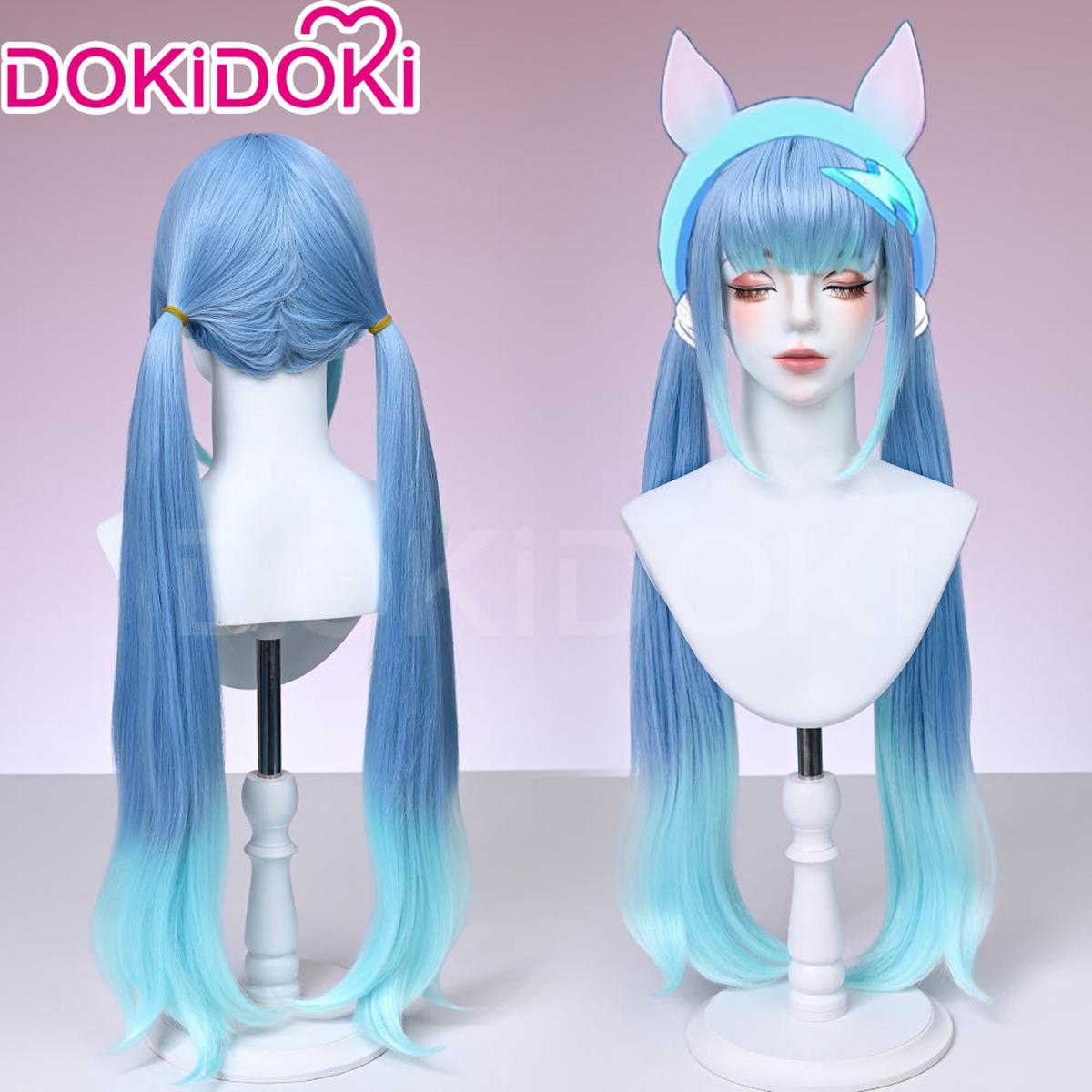 DokiDoki Game Honkai Nexus Anima Cosplay Nanafey Wig Long Straight Blue Gradient Hair Twin Tails