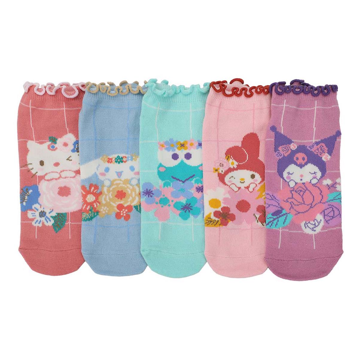Hello Kitty Friends Floral Character Art 5-Pair Womens Ankle Socks