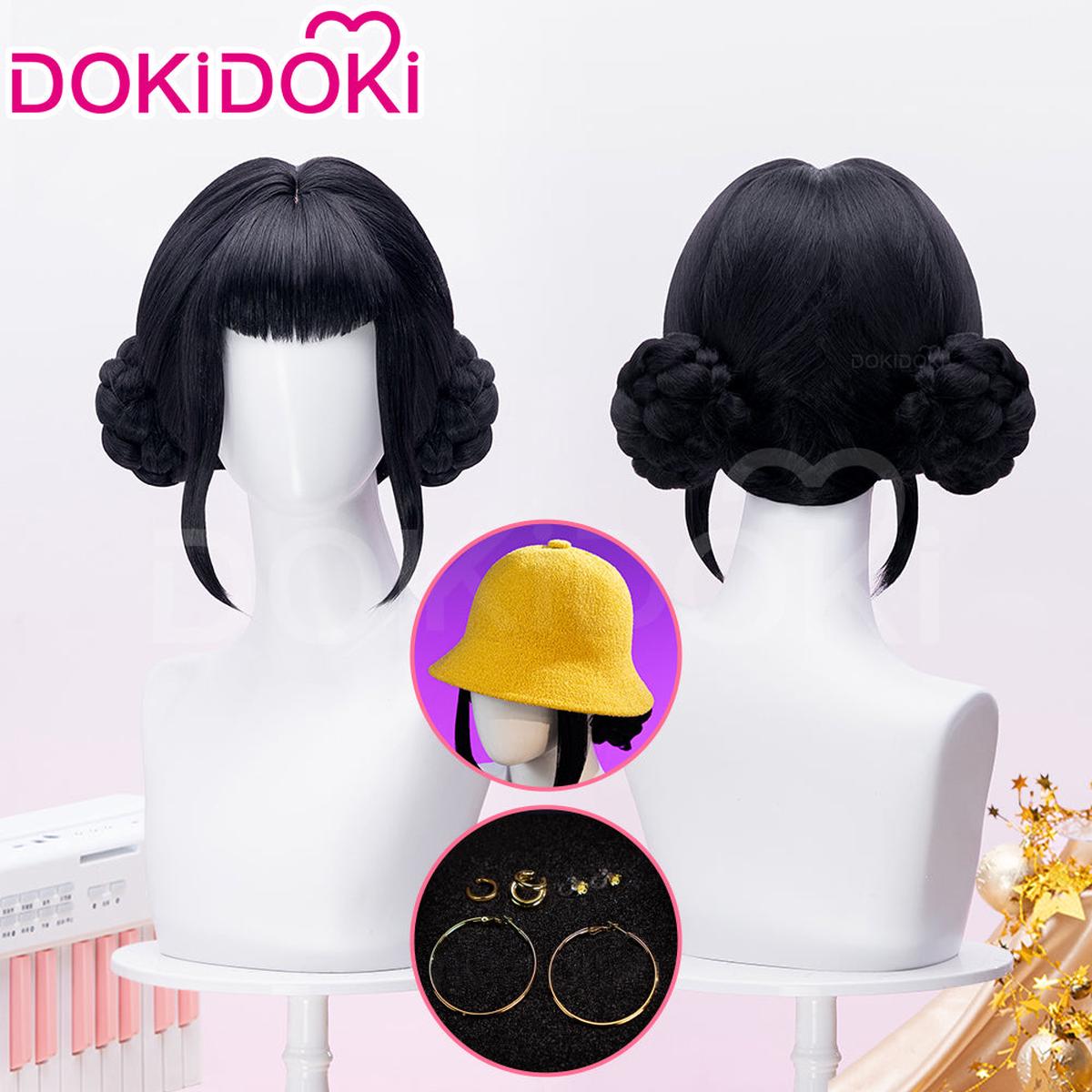 DokiDoki Movie Anime Cosplay Women Wig Earrings Hat Short Black Hair Double Buns