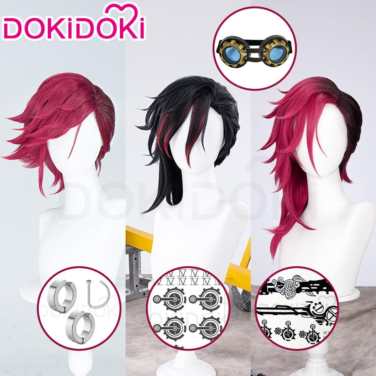 Partially Ready For ShipDokiDoki Game Cosplay Cosplay Wig Earrings Nose Ring Tattoo Goggle Curly Red Young Version Black-Red Gradient Color Matching Reverse Warping