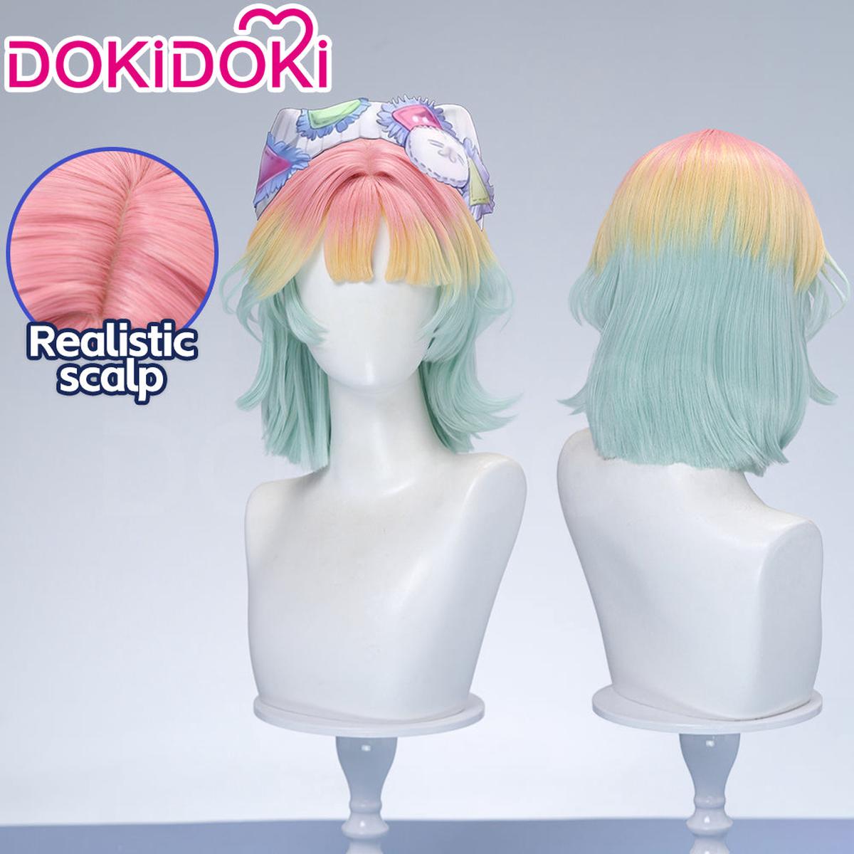DokiDoki Game Path to Nowhere Cosplay Poffy Wig Short Mint Green Light Yellow Pink Gradient Hair
