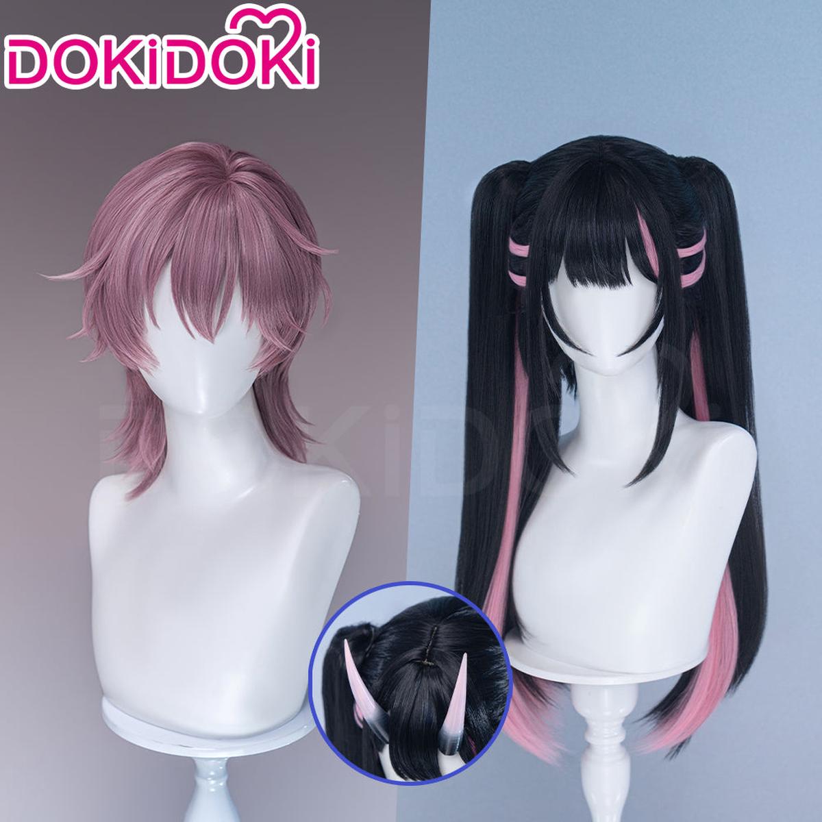 Partially Ready For ShipDokiDoki Anime Cosmic Princess Kaguya Cosplay Komazawa Noi Wig Long Straight Black Pink Purple Highlight Hair Twin Tails Horn Accessory
